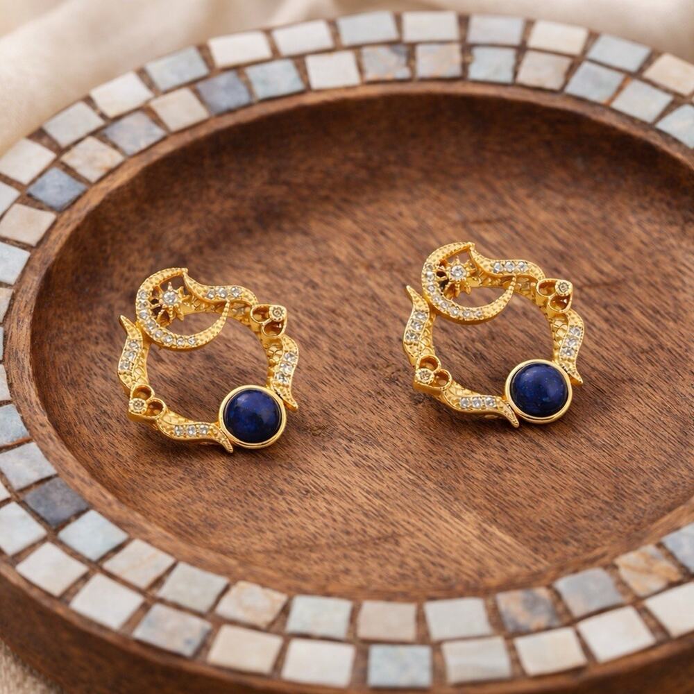 Moon Sun Heart Lapis Lazuli Earrings Museum 18K Evil Eye VTG CZ Snake Gold Star